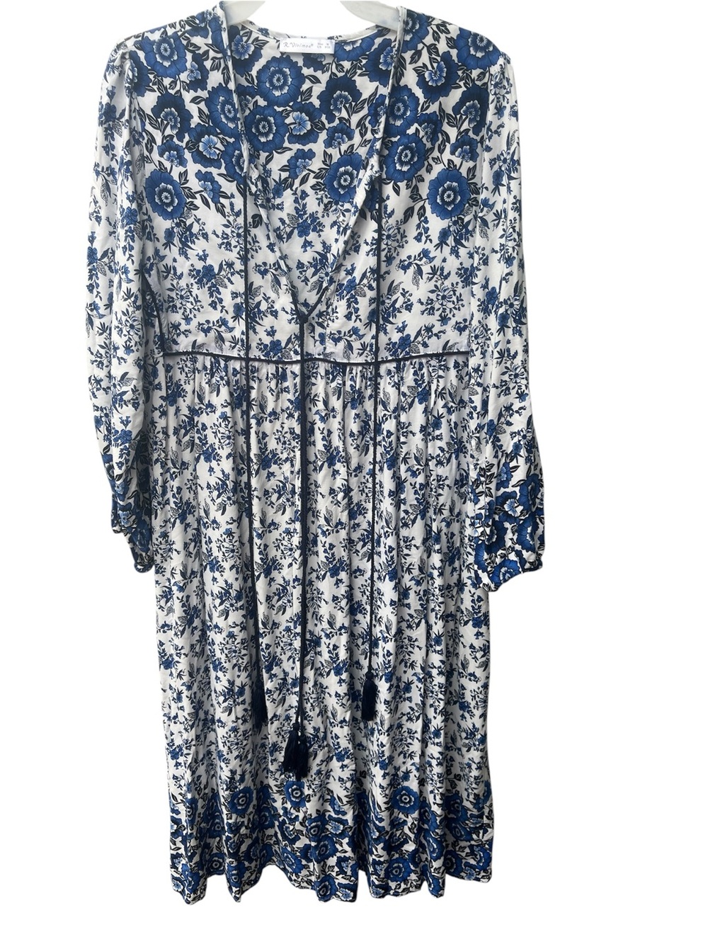 R.Vivimos Floral Midi Dress Womens medium Blue White Boho Tassel Tie Cottage